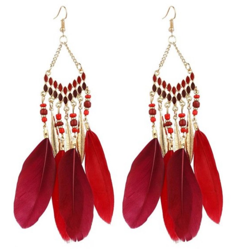 Bohemian Diamond Feather Dark Red Earrings